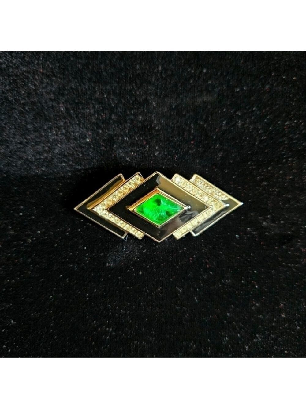 Vintage Dior Art Deco Swarovski Crystal, Black Enamel with Green Stone Broach